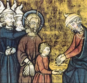 Pilate washes his hands. The Liege Psalm book. Belgium. 13th century.