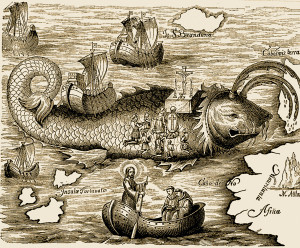 ÔSt. Brendan and his monks celebrate Easter mass on the back of the giant whale JasconiusÕ; map by Honorius Philoponus, 1621