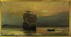 Mayflower on her arrival at Plymouth Harbor by William Formsby Halsall. Painted in Massachusetts 1882
