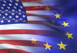 Very large 3D render of blended US and EU flags.